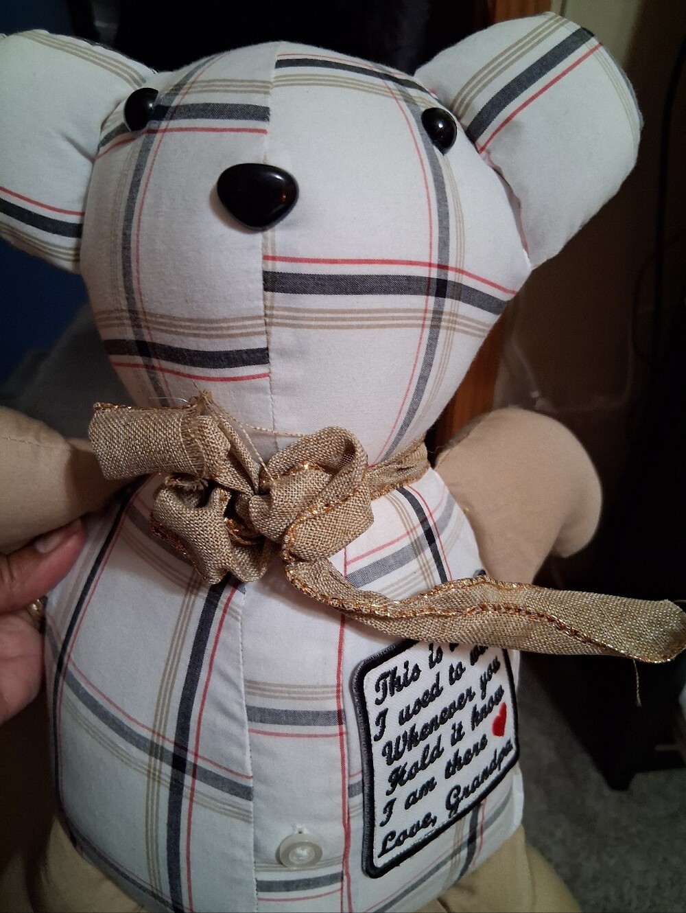 Plaid Fabric Memory Bear Plush with Gold Ribbon, sentimental keepsake